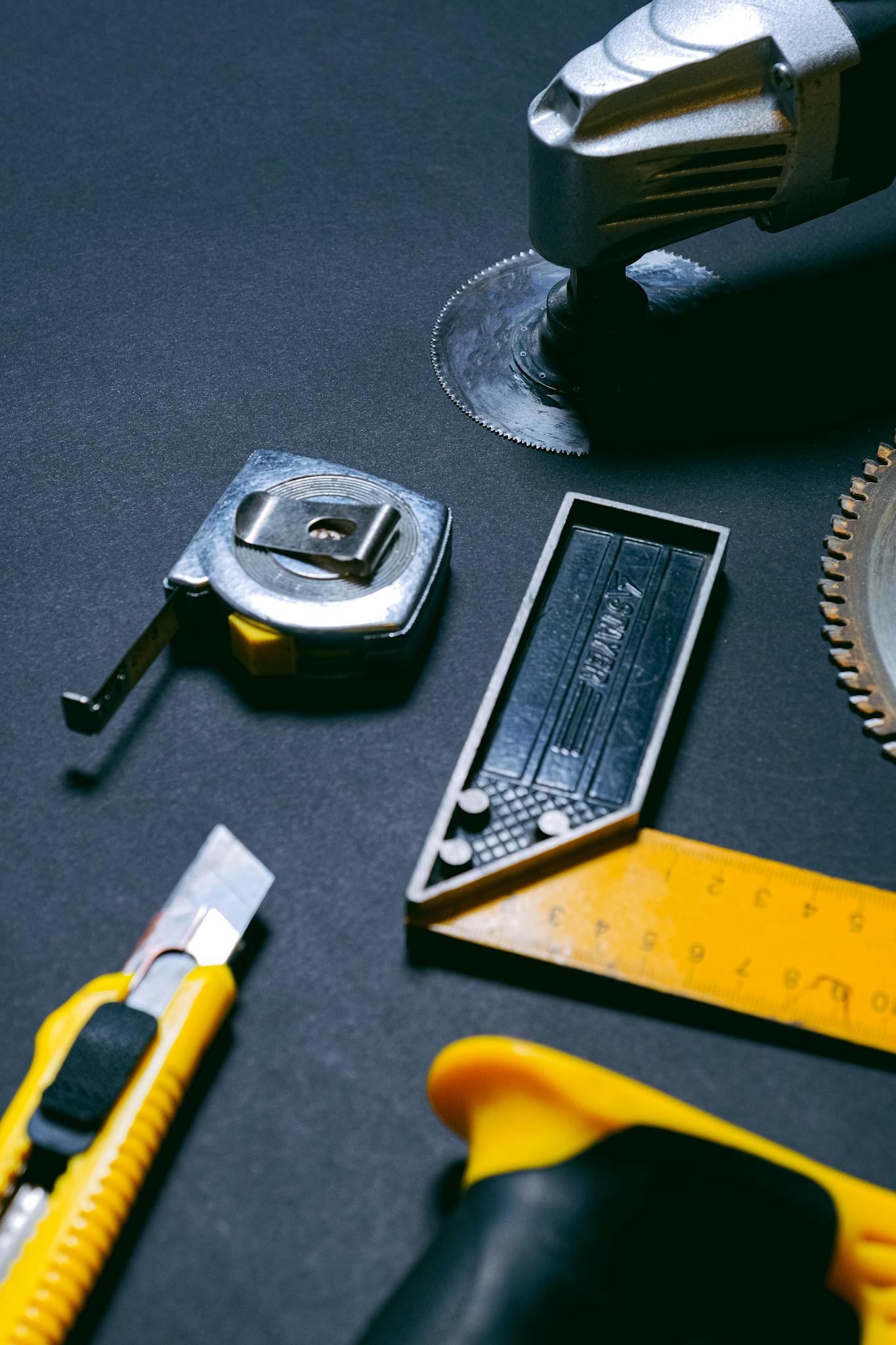 Assorted hand tools including a tape measure, utility knife, and saw blade on a dark background.